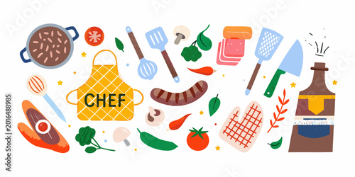 Foto Flat vector illustration of a bbq grilling set with chef hat