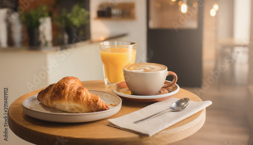 breakfast with croissant and coffee