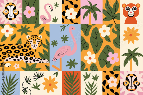 Canvas Print Tropical animal and floral patchwork illustration in a playful style