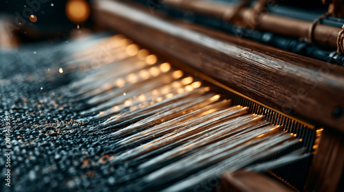 Close-up of a traditional Hakata-ori loom reed with fine silk threads in golden sunlight, authentic textile weaving process in Fukuoka, master craftsmanship, detailed artisan background