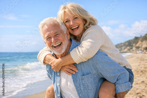 A loving elderly couple sharing a joyful moment on the sandy beach with the ocean in the background.