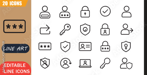 Photos Isolated login authentication icons set, 20 editable line art icons set, passwor