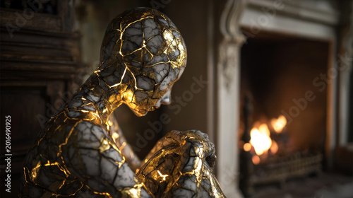 Abstract sculpture of a seated figure with a cracked surface and golden accents, positioned near a fireplace in a cozy interior setting