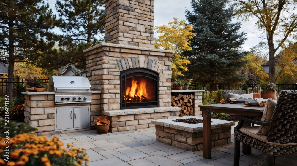 Obraz premium Outdoor living space with stone fireplace and grill