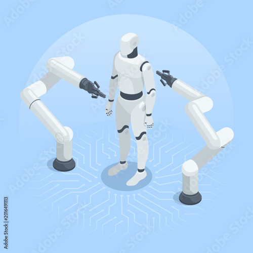 Cuadro en lienzo Isometric vector robotic manipulators create a humanoid robot, in color on a blu