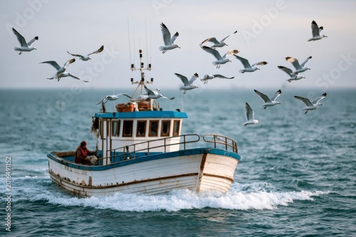 Fishing boat sailing ocean with flying seagulls