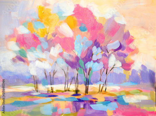 Spring blossom trees. Hand drawn oil painting