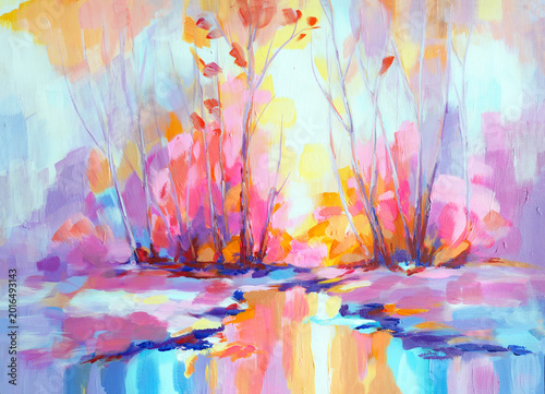 Bright and fresh pink spring forest at dawn. Hand drawn oil painting