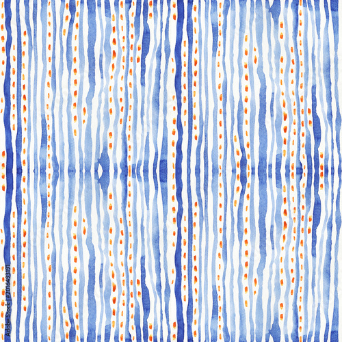 Watercolor seamless pattern with hand-drawn orange dots and blue stripes background. Ornament in decorative style. Vintage fashion fabric design, repeat print collection.