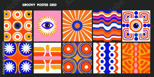 groovy poster grid of twelve psychedelic patterned designs