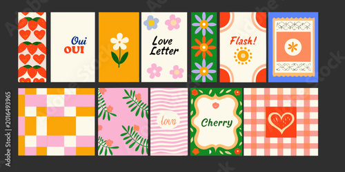 Fotografía retro illustrated cards quartet with floral and fruit motifs flat vector