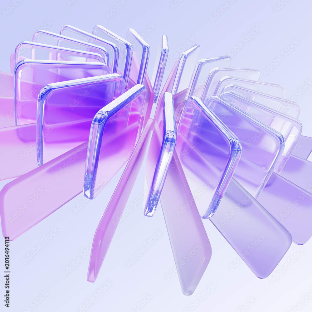 Fototapeta premium Radial glass circle pattern with holographic gradient, purple concentric ring of transparent square and rectangle shapes on light blue 3d background. Abstract circular array effect. 3D illustration