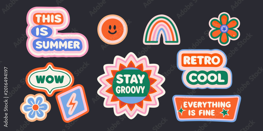Fototapeta premium Retro sticker pack with groovy typography and colorful designs