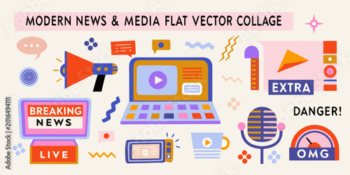 Tableau sur toile News and media flat vector collage with broadcast icons and elements
