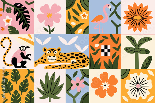 Canvas Print Tropical patchwork illustration with safari animals and floral motifs