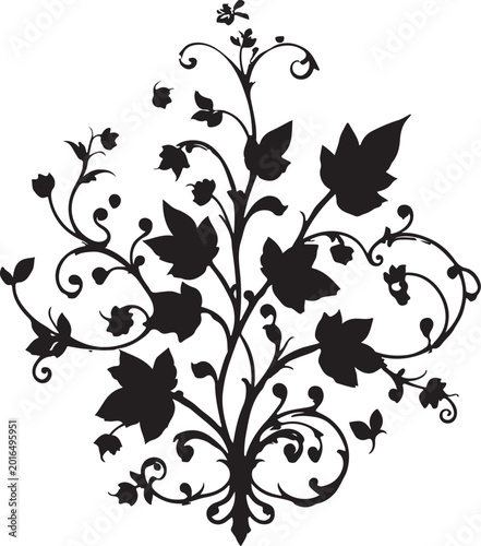 Elegant Black Floral Swirl Vector Ornament with Decorative Vine Leaves, Vintage Botanical Flourish Design Isolated on White Background
