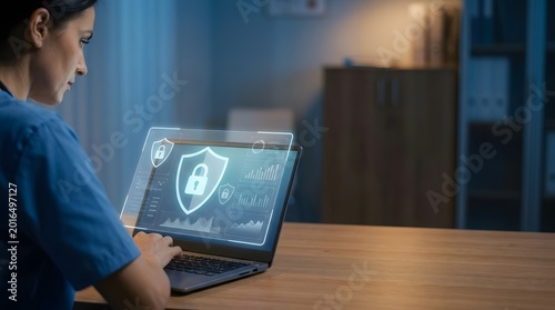 A medical professional is diligently working, observing data on a computer screen that displays a digital shield indicating security, emphasizing the crucial importance of data safety in healthcare