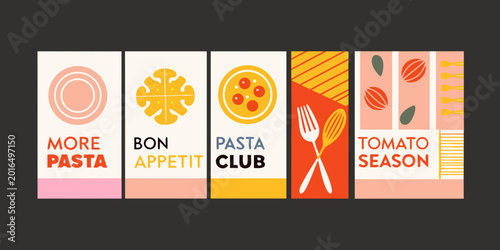 Tableau sur toile food typography panels with pasta and tomato illustrations