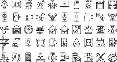 Bild auf Leinwand Smart home automation outline icon collection with wireless devices security sen