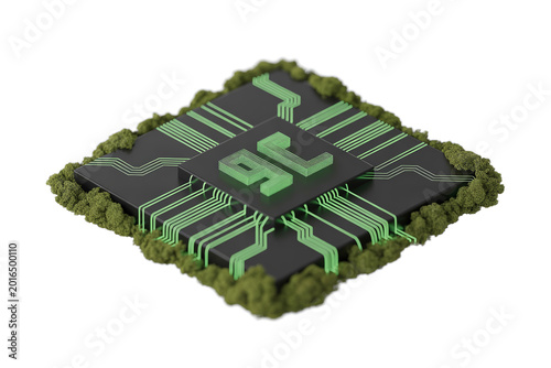 3D Render of a CPU Microchip with Green Moss and Circuitry Representing Eco-Friendly Technology.