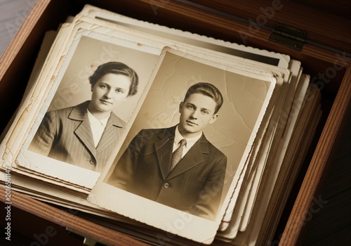 Vintage photographs of a young couple in a wooden box, evoking nostalgia and memories