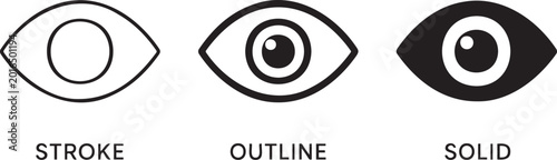 Fotografia Three distinct eye icon variations showing stroke outline and solid graphic styl