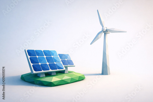 Low Poly Renewable Energy Concept Illustration with Solar Panels and Wind Turbines