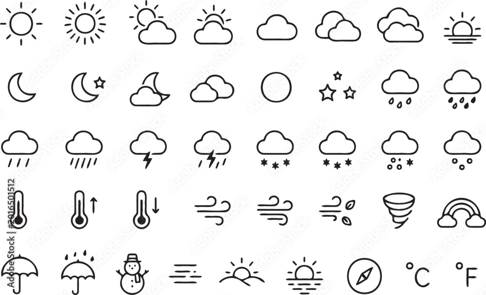 Obraz premium Set of hand drawn weather icons featuring sun clouds rain snow wind and various atmospheric conditions for your digital project