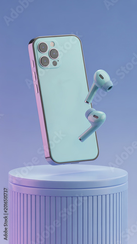 3D Render of a Floating Mint Green Smartphone and Wireless Earbuds on a Blue Podium with Pastel Lighting