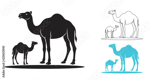 Canvas Print Camel and calf silhouette and outline vector illustrations.