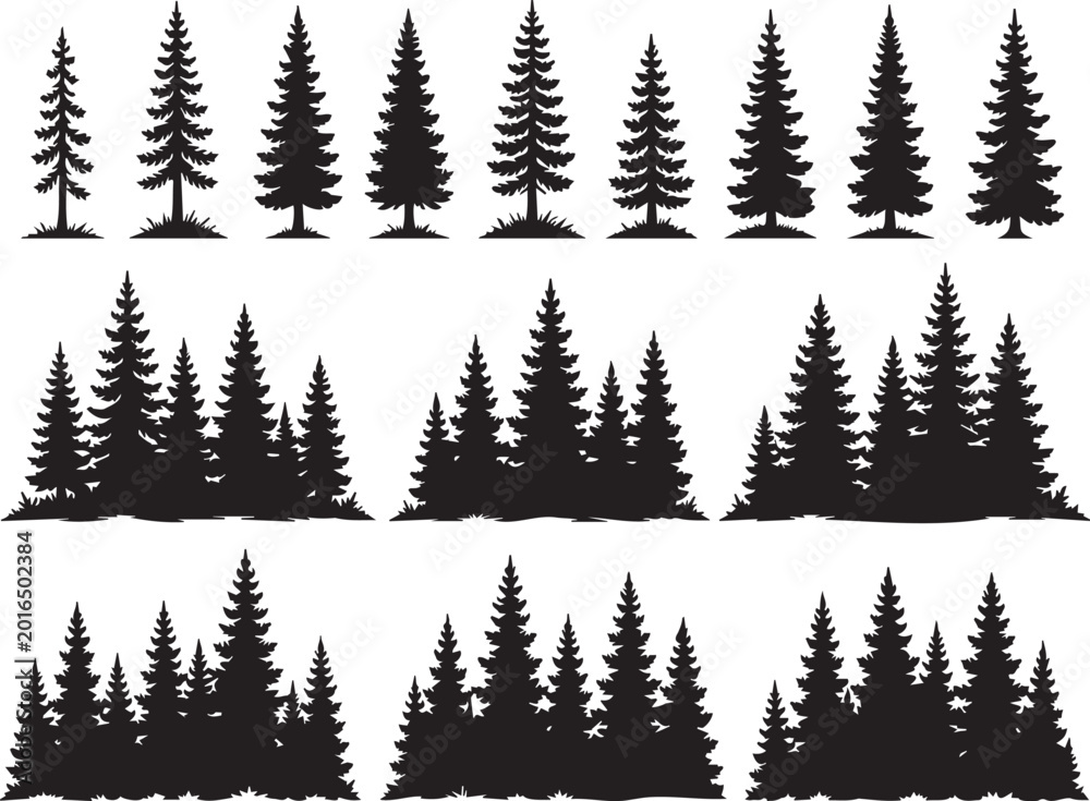 Fototapeta premium Collection of pine tree silhouettes featuring various forest landscapes and individual evergreens designed for creative nature themed graphic art projects