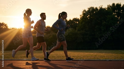 Silhouettes of a man and two women jogging on an outdoor track against a bright, sunlit golden sky.