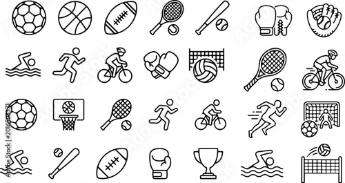 Set of 45 outline icons related to sport. First set. Linear icon collection. Editable stroke. Vector illustration