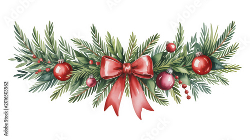 Christmas garland with red bow, ornaments and evergreen branches as cut isolated on transparent background