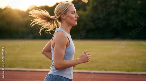 Profile view of a blonde woman running on a track at golden hour, her ponytail flying in the breeze.