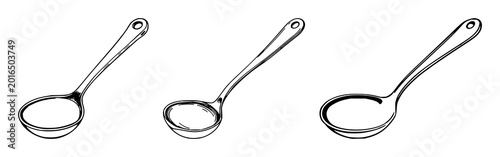 Photos Metal soup ladle set with black line art on white background featuring chef uten