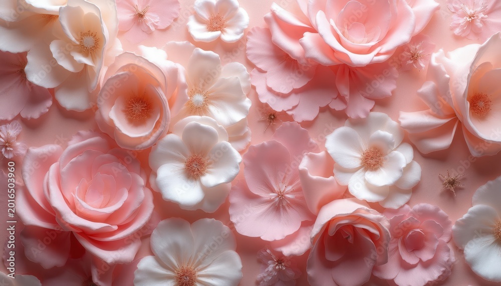Fototapeta premium Soft pastel pink and cream roses and flowers arranged closely. Delicate petals form a beautiful floral pattern. Ideal for feminine design projects or wedding themes.