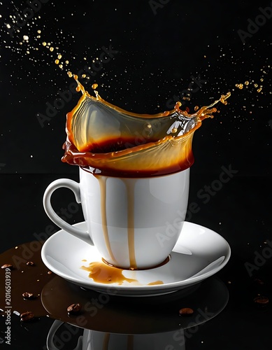 A white cup on a saucer with splashing brown liquid
