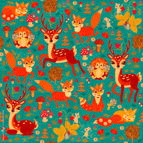 Bright seamless pattern with forest animals. Cute foxes, deer, hedgehogs, mic...