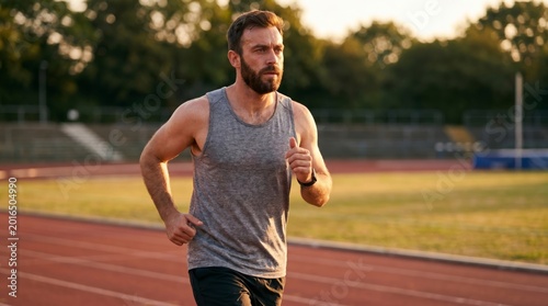 A focused bearded man in a gray tank top and black shorts runs along a red athletic track at sunset.