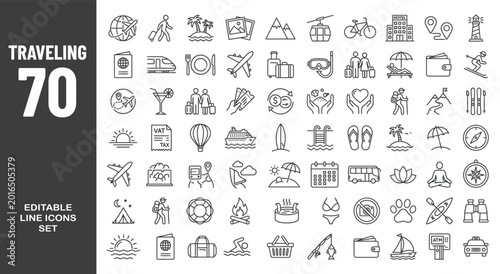 Foto Traveling icon set. Editable line icons. Vector illustration.