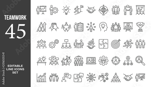 Teamwork icon set. Business related line icons: meeting, cooperation, support, collaboration, partnership, society, workshop, work group, human resource and more. Editable stroke. Vector illustration.