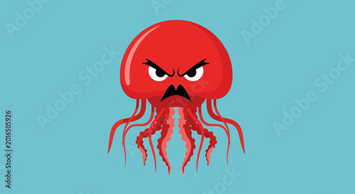 Billede på lærred Angry Red Jellyfish with Tentacles, Cartoon Character