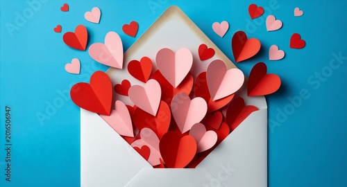 Red and pink paper hearts spilling from an open white envelope for Valentine's Day