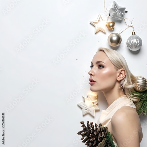 A woman surrounded by Christmas ornaments and greenery