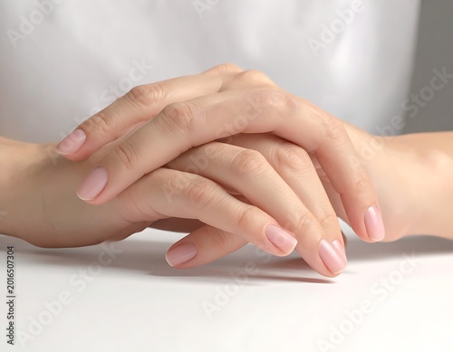 A woman's manicured hands resting on a white surface