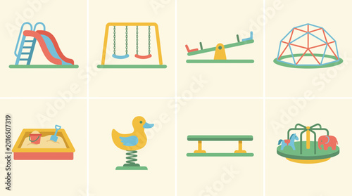 Bild auf Leinwand Collection of playful playground equipment and outdoor recreational items, perfe