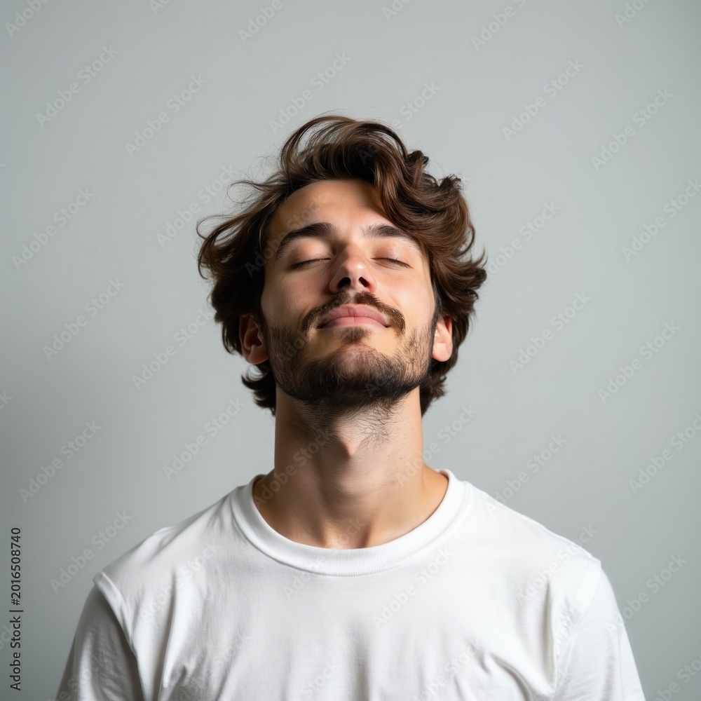 Obraz premium Man with closed eyes inhales deeply, his head tilted back slightly. He wears a white t-shirt against a plain grey background, embodying calm relaxation and mindfulness.