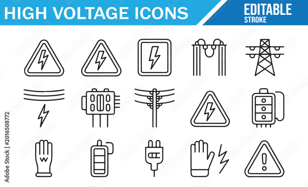 Fototapeta premium Industrial electricity hazard icons set in black outline style