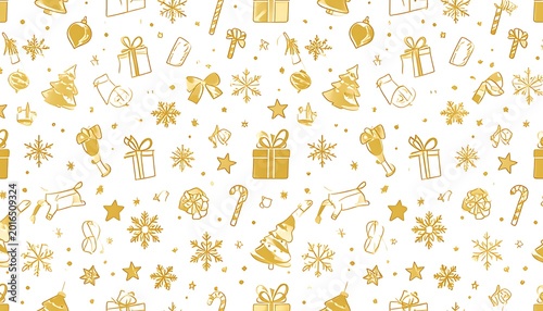 Festive holiday pattern with gold icons on white background